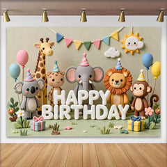Lofaris Whimsical Clay Animals Happy Birthday Backdrop with Safari Jungle Theme, Adorable Koala Elephant Lion Monkey Party Decoration