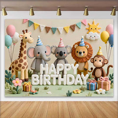 Lofaris Cute Safari Animals Happy Birthday Backdrop with Elephant, Lion, and Monkey, for Kids Party Decor