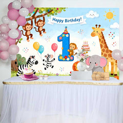Lofaris Colorful Jungle Safari Animals First Birthday Backdrop, featuring a Number One and Happy Birthday Banner for a Wild One Celebration