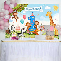 Lofaris Cute Safari Jungle Animals First Birthday Backdrop, Happy Birthday Banner and Number One Party Decor