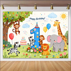 Lofaris Happy Birthday Safari Animals First Birthday Backdrop, featuring Cute Jungle Friends and Number One