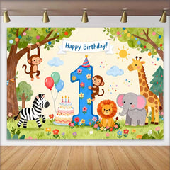 Lofaris Watercolor Jungle Animals First Birthday Backdrop, Happy Birthday Number 1 Party Decor for Baby's Celebration