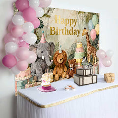 Lofaris Happy Birthday Jungle Safari Animals Backdrop, Watercolor Elephant Lion Giraffe and Balloons Party Decor