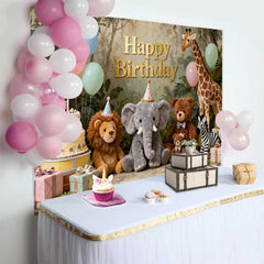 Lofaris Golden Happy Birthday Jungle Safari Animals Backdrop, Whimsical Pastel Balloons and Cake Decor for Kids Parties