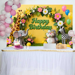 Lofaris Vibrant Yellow Jungle Safari Animals Happy Birthday Backdrop, Kids Party Decor with Balloons and Floral Arch