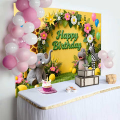Lofaris Vibrant Yellow Jungle Safari Animals Happy Birthday Backdrop, Kids Party Decor with Balloons and Floral Arch