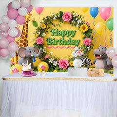 Lofaris Cute Safari Jungle Animals Birthday Backdrop with Floral Wreath, Happy Birthday Party Decor for Kids