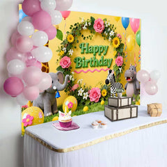 Lofaris Cute Safari Jungle Animals Birthday Backdrop with Floral Wreath, Happy Birthday Party Decor for Kids