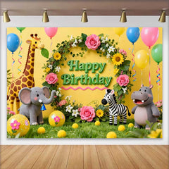 Lofaris Cute Safari Jungle Animals Birthday Backdrop with Floral Wreath, Happy Birthday Party Decor for Kids