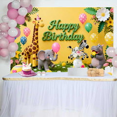 Lofaris Cute Safari Animals Happy Birthday Backdrop with Giraffe Elephant and Zebra, Kids Party Decor