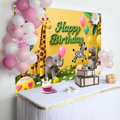 Lofaris Cute Safari Animals Happy Birthday Backdrop with Giraffe Elephant and Zebra, Kids Party Decor