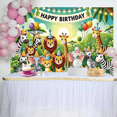 Lofaris Adorable Jungle Safari Animals Birthday Backdrop, featuring Happy Birthday Banner and Party Hats for Kids