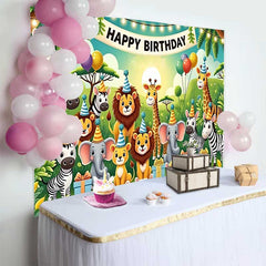 Lofaris Adorable Jungle Safari Animals Birthday Backdrop, featuring Happy Birthday Banner and Party Hats for Kids