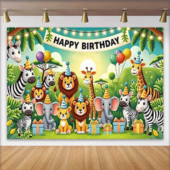 Lofaris Adorable Jungle Safari Animals Birthday Backdrop, featuring Happy Birthday Banner and Party Hats for Kids