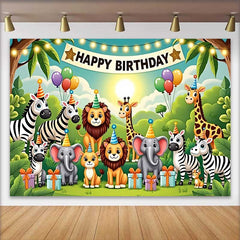 Lofaris Cute Cartoon Jungle Animals Happy Birthday Backdrop, Safari Wild One Party Decor