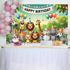 Lofaris Cute Safari Animals Happy Birthday Backdrop with Party Hats and Balloons for Kids Party