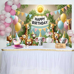 Lofaris Whimsical Jungle Safari Animals Happy Birthday Backdrop with Pastel Balloons and Cakes, Kids Party Decor