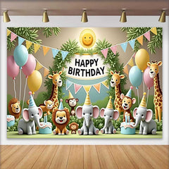 Lofaris Whimsical Jungle Safari Animals Happy Birthday Backdrop with Pastel Balloons and Cakes, Kids Party Decor