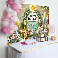 Lofaris Adorable Jungle Safari Animals Birthday Backdrop with Happy Birthday Sign and Balloons, Kids Party Decor