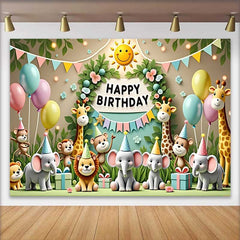 Lofaris Adorable Jungle Safari Animals Birthday Backdrop with Happy Birthday Sign and Balloons, Kids Party Decor