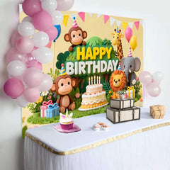 Lofaris Adorable Jungle Safari Animals Happy Birthday Backdrop with Cake and Balloons, Wild One Party Decor
