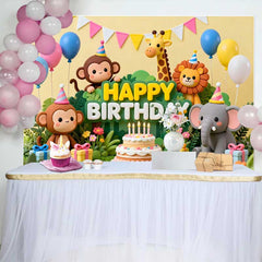 Lofaris Colorful Jungle Animals Happy Birthday Backdrop, Safari Theme Cake and Balloons Party Decor