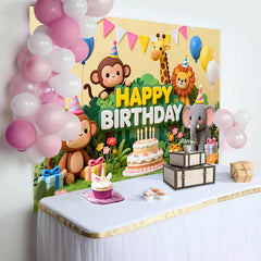 Lofaris Colorful Jungle Animals Happy Birthday Backdrop, Safari Theme Cake and Balloons Party Decor