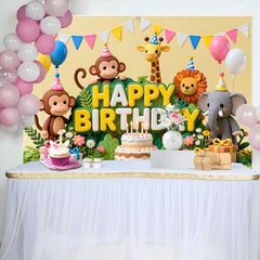 Lofaris Cute Jungle Animals Happy Birthday Backdrop with Cake and Balloons, Safari Theme Party Decor