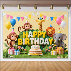 Lofaris Cute Jungle Animals Happy Birthday Backdrop with Cake and Balloons, Safari Theme Party Decor