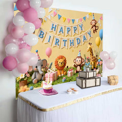 Lofaris Cute Whimsical Jungle Animals Happy Birthday Backdrop, featuring Elephant, Lion, Monkey and Giraffe for Kids Party
