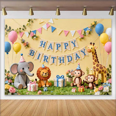 Lofaris Cute Jungle Animals Happy Birthday Backdrop with Safari Elephant Lion Monkey Giraffe, Baby Shower Kids Party Decor