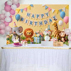 Lofaris Yellow Happy Birthday Backdrop with Cute Safari Animals, Pastel Balloons and Gifts for Kids Party