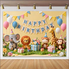 Lofaris Yellow Happy Birthday Backdrop with Cute Safari Animals, Pastel Balloons and Gifts for Kids Party