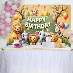 Lofaris Cheerful Cartoon Safari Animals Happy Birthday Backdrop, featuring Lions, Elephants and Zebra for Kids Party