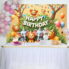 Lofaris Colorful Cartoon Safari Animals Happy Birthday Backdrop, Jungle Theme Kids Party Celebration Decor