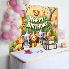 Lofaris Colorful Cartoon Safari Animals Happy Birthday Backdrop, Jungle Theme Kids Party Celebration Decor