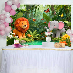 Lofaris Cute Cartoon Lion and Elephant Jungle Birthday Backdrop, Wild Safari Adventure Party Decor