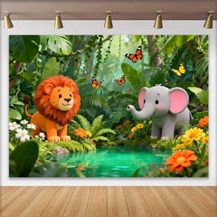 Lofaris Cute Cartoon Lion and Elephant Jungle Birthday Backdrop, Wild Safari Adventure Party Decor