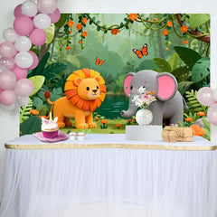 Lofaris Adorable Lion and Elephant Jungle Safari Birthday Backdrop, Wild One Theme Baby Shower Party Decor