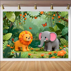 Lofaris Adorable Lion and Elephant Jungle Safari Birthday Backdrop, Wild One Theme Baby Shower Party Decor