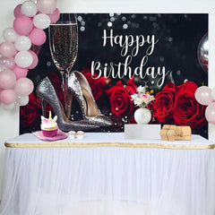 Lofaris Elegant Black and Silver Glitter Happy Birthday Backdrop, featuring Red Roses and Champagne Heels