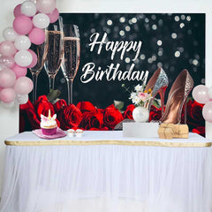 Lofaris Black and Red Happy Birthday Backdrop with Champagne Flutes, Roses, and Glitter High Heels, Elegant Party Decor