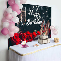 Lofaris Black and Red Happy Birthday Backdrop with Champagne Flutes, Roses, and Glitter High Heels, Elegant Party Decor
