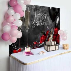 Lofaris Black Red and Gold Happy Birthday Backdrop with Champagne, Glitter Heels and Roses for Elegant Party Celebration