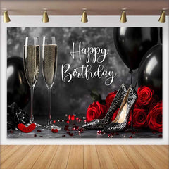 Lofaris Black Red and Gold Happy Birthday Backdrop with Champagne, Glitter Heels and Roses for Elegant Party Celebration