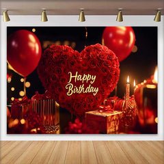 Lofaris Elegant Red Roses Heart Happy Birthday Backdrop with Balloons and Gifts, Romantic Celebration Party Decor