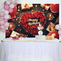 Lofaris Red Roses Heart Happy Birthday Backdrop, Romantic Celebration Party Decor with Balloons and Gifts