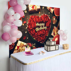Lofaris Red Roses Heart Happy Birthday Backdrop, Romantic Celebration Party Decor with Balloons and Gifts