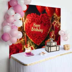 Lofaris Red Heart and Roses Happy Birthday Backdrop, Elegant Gold Gifts and Balloons Party Decor