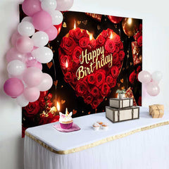Lofaris Red Roses Heart Happy Birthday Backdrop, Gold Balloons and Gifts for Elegant Party Celebration